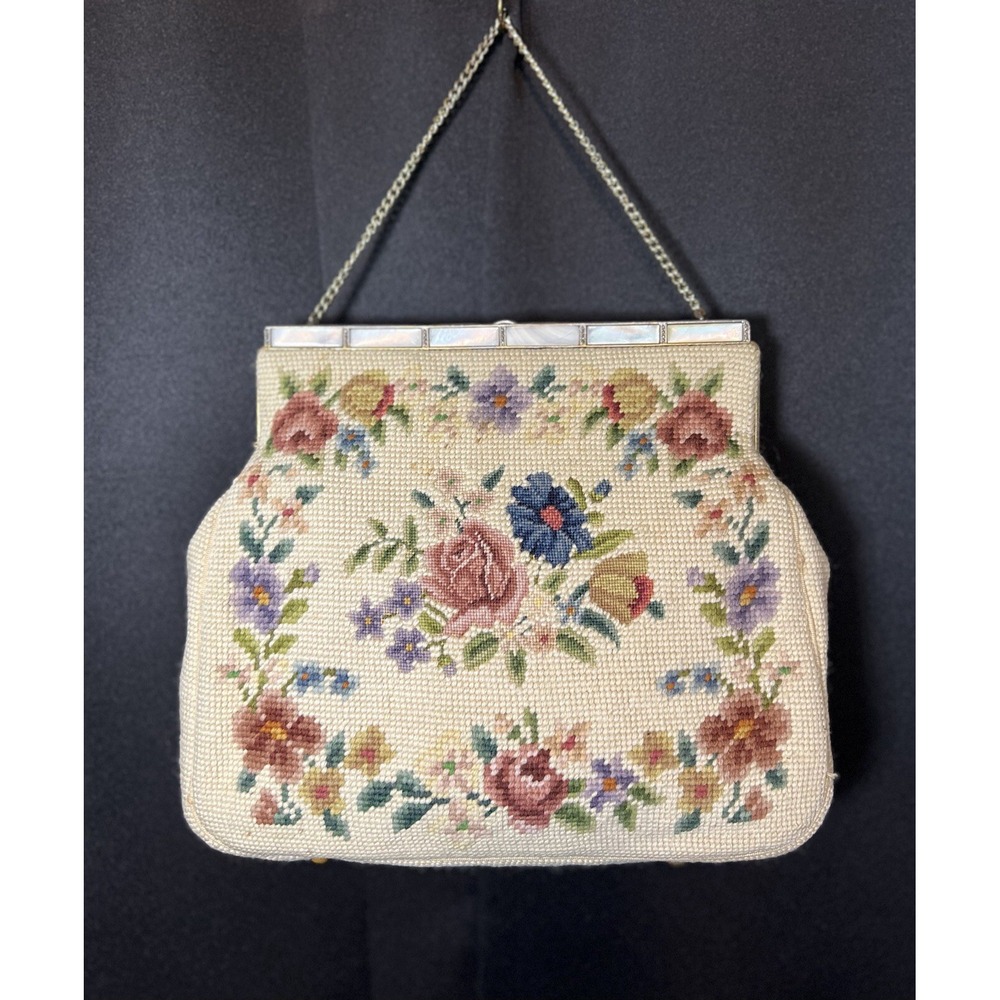 Vintage Floral Embroidered Needlepoint Purse Mother of Pearl Accented Front